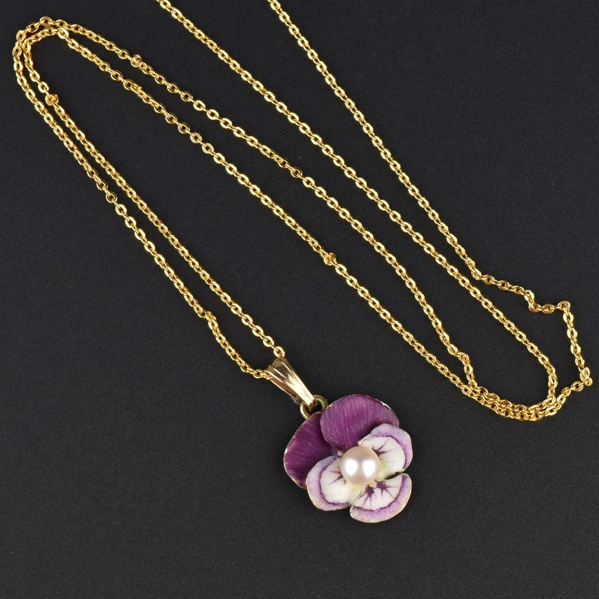 Art Nouveau 14K Gold Purple Enamel Pansy Flower Pendant