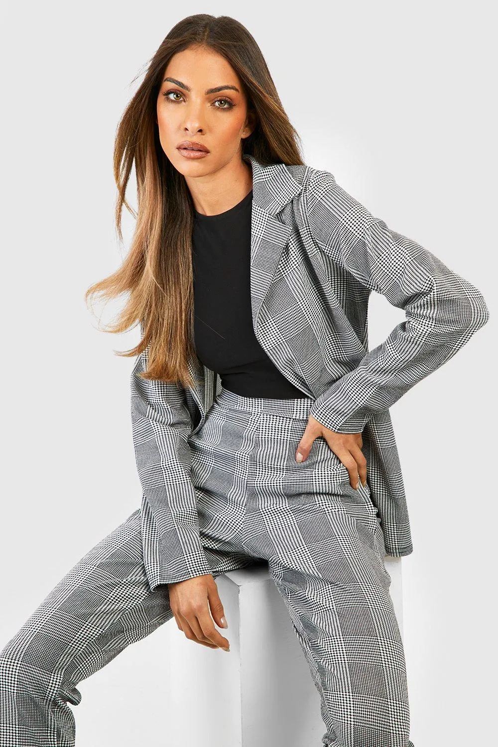 Basic Jersey Knit Dogtooth Blazer & Pants Set