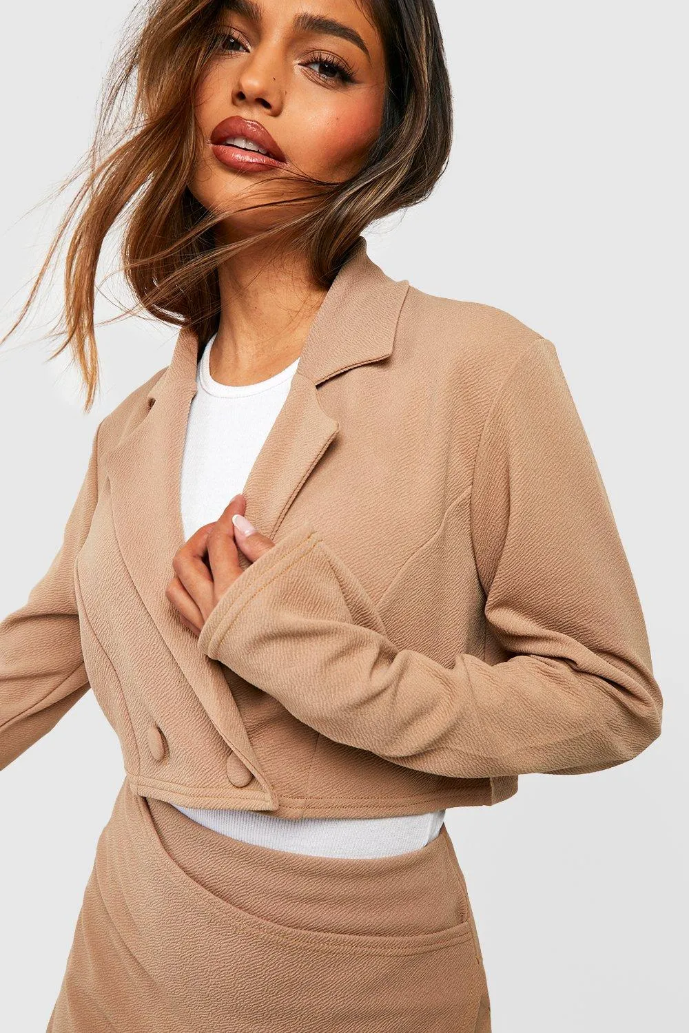 Basic Jersey Knit Double Breasted Cropped Blazer