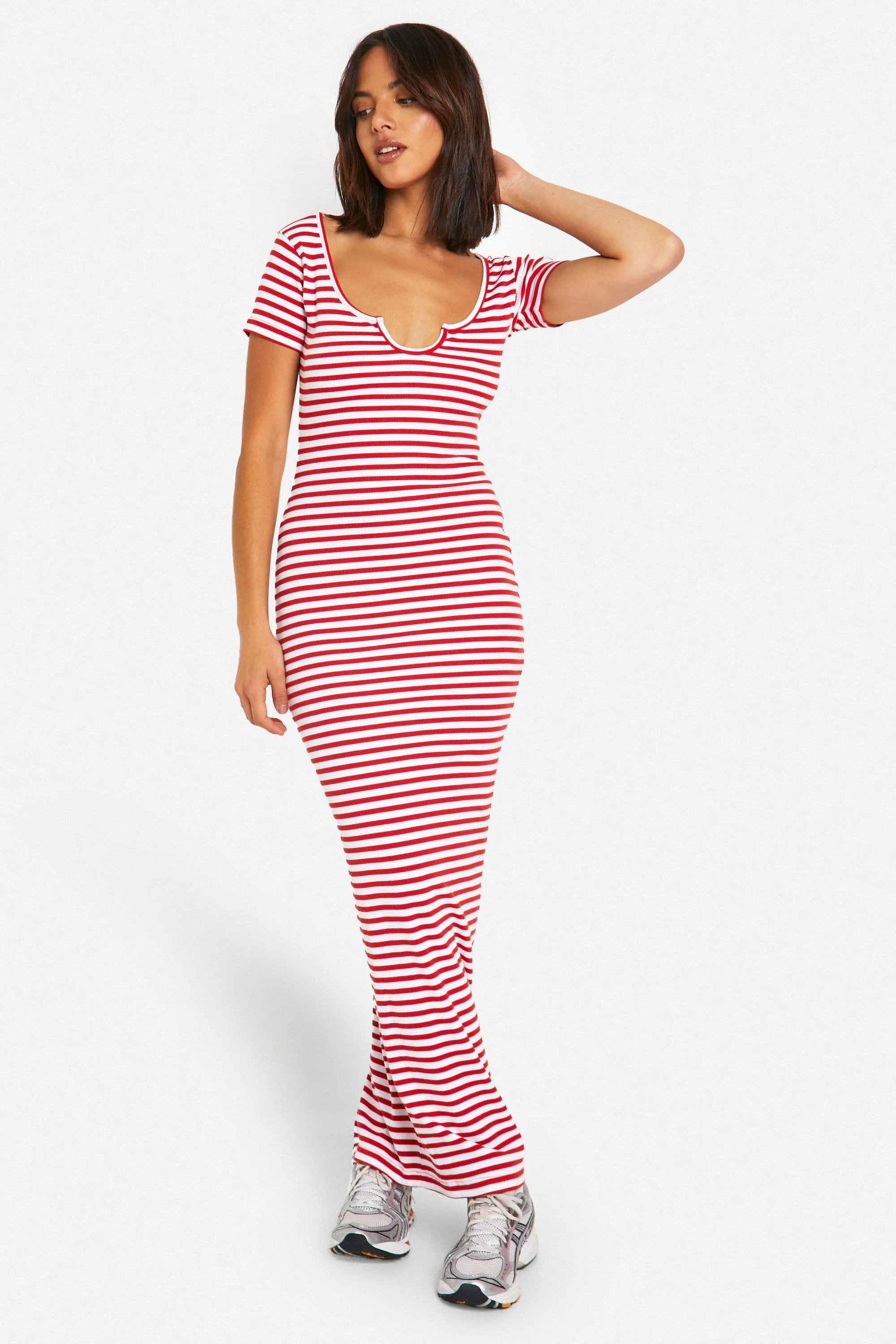 Basic Stripe Rib Notch Maxi Dress