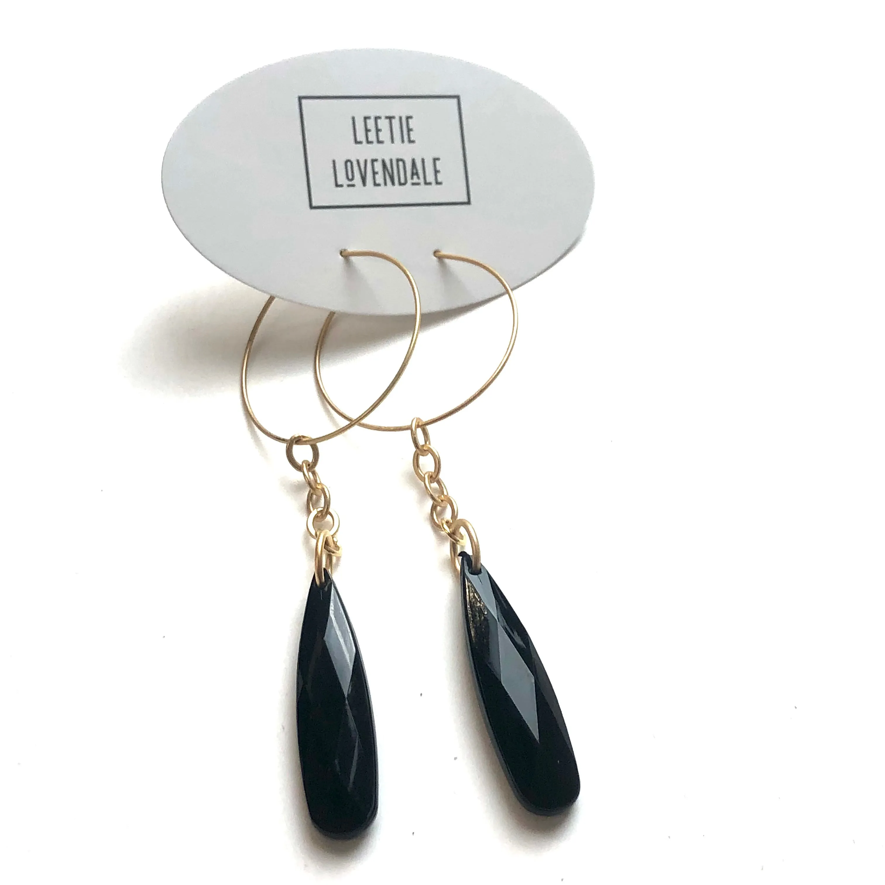 Black Faceted Briolette on Gold Hoop Earrings *