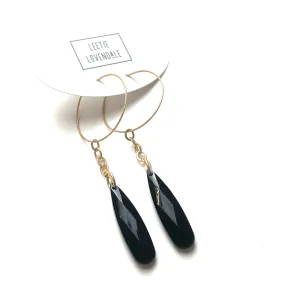 Black Faceted Briolette on Gold Hoop Earrings *