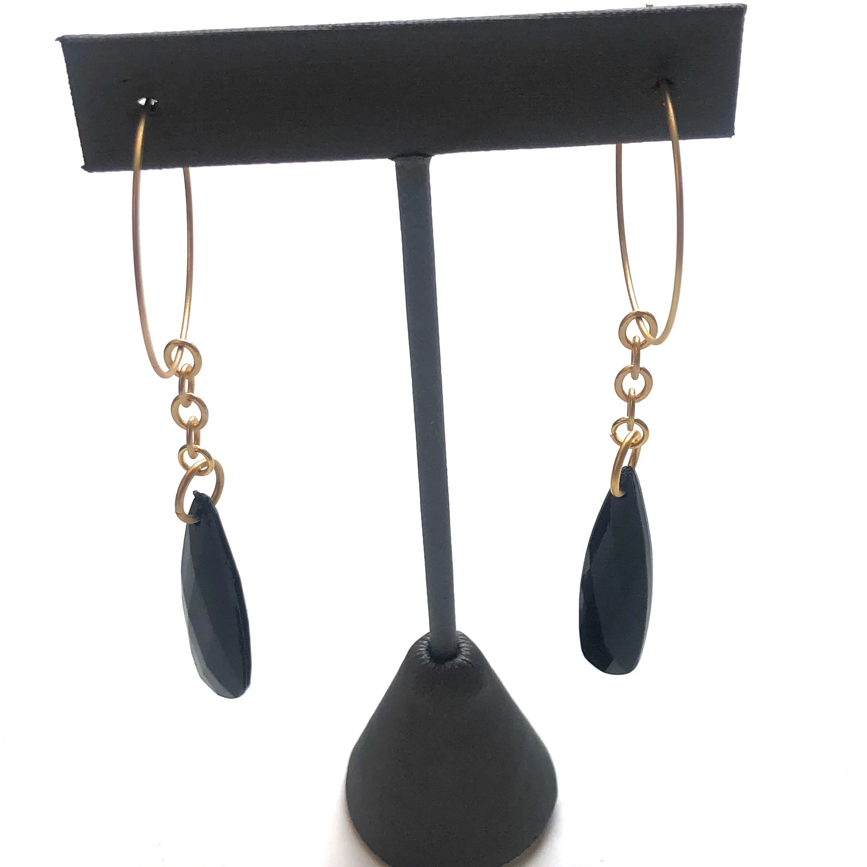 Black Faceted Briolette on Gold Hoop Earrings *