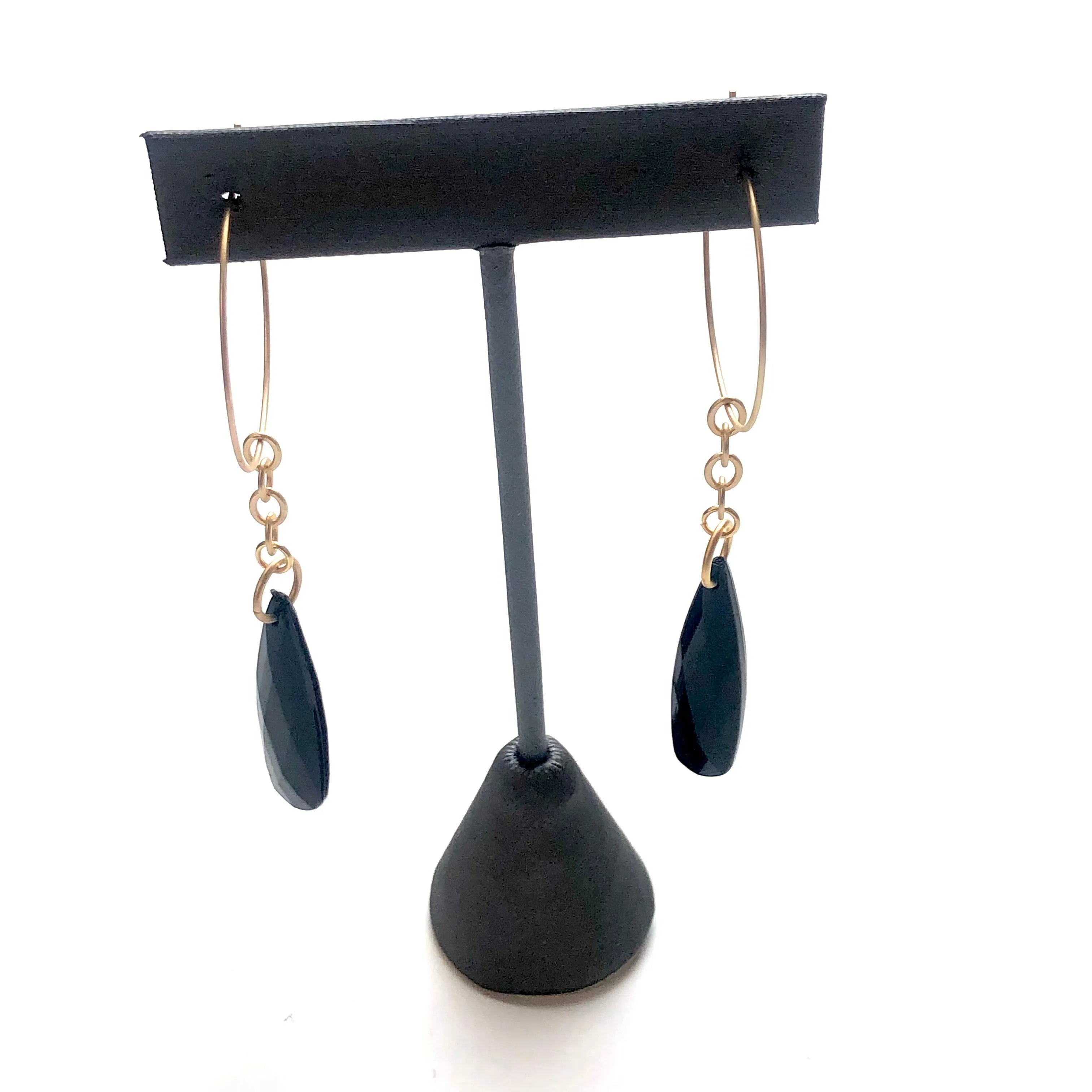 Black Faceted Briolette on Gold Hoop Earrings *