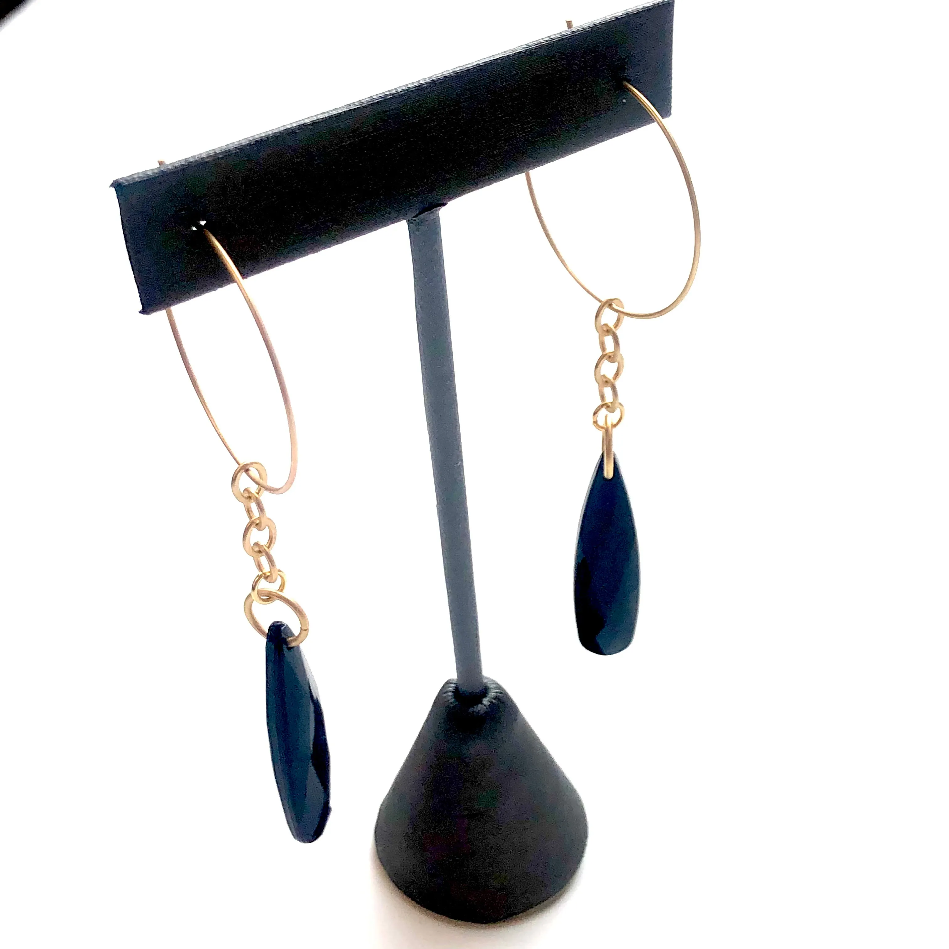 Black Faceted Briolette on Gold Hoop Earrings *