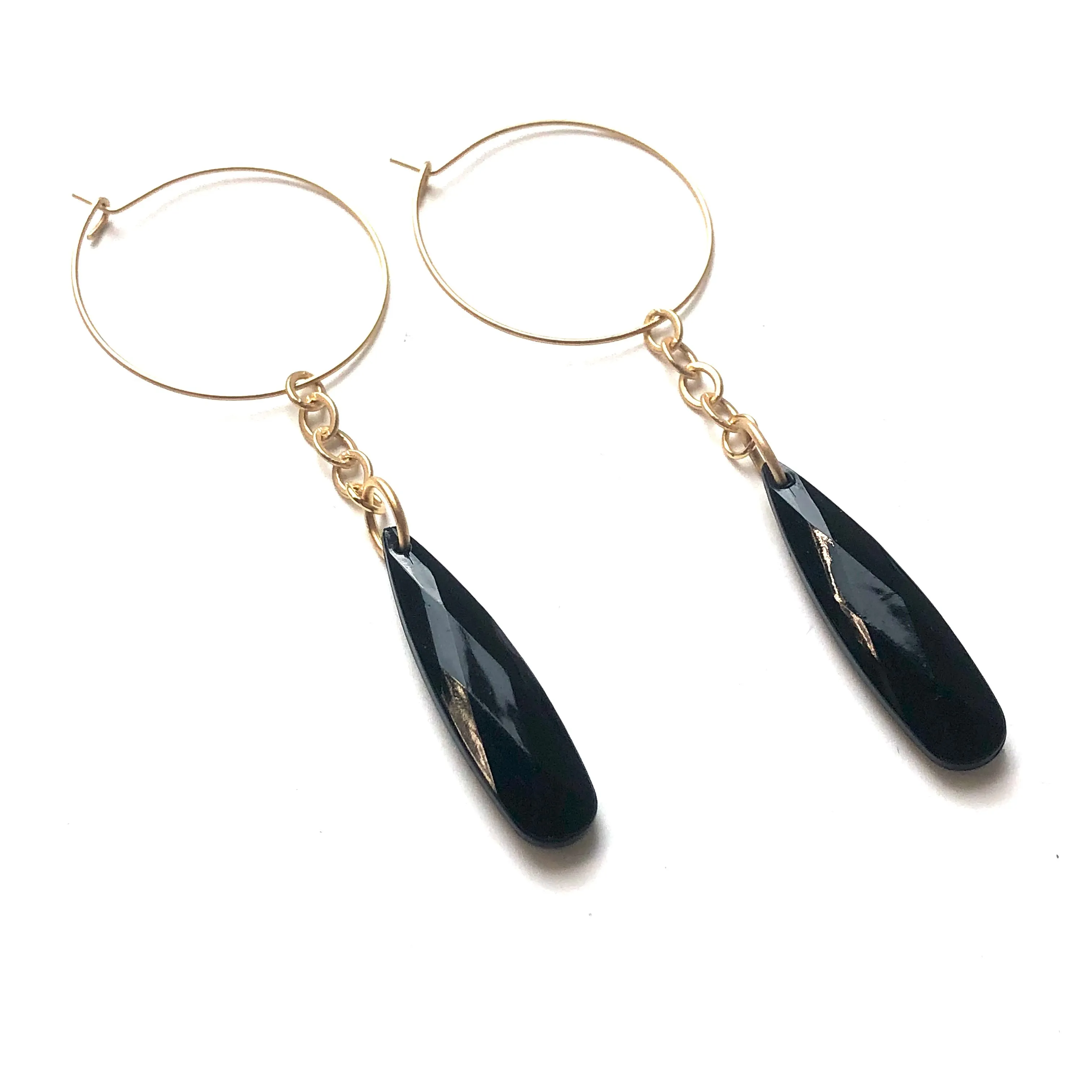 Black Faceted Briolette on Gold Hoop Earrings *