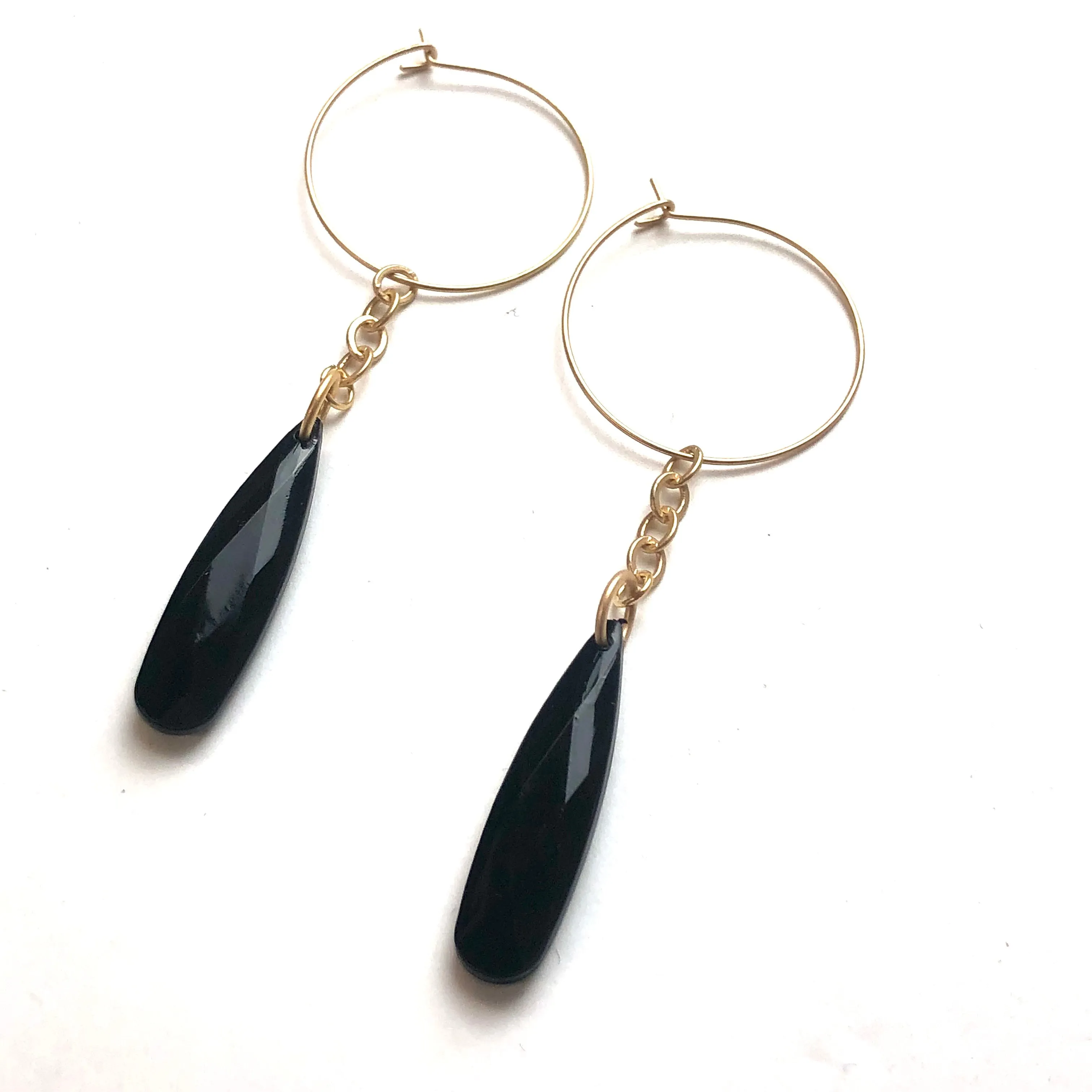 Black Faceted Briolette on Gold Hoop Earrings *