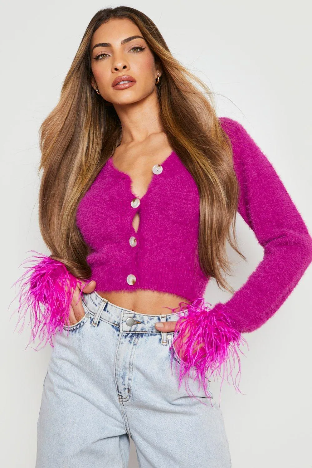 Bright Feather Trim Cardigan