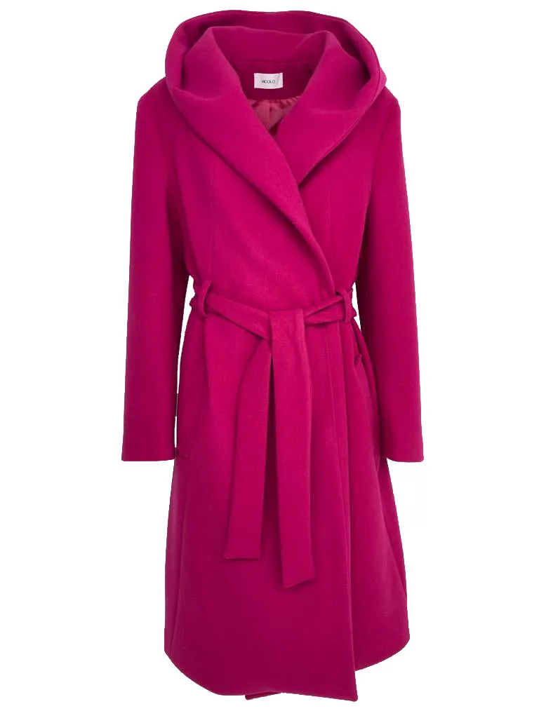 CAPPOTTO DONNA FUCSIA CON CAPPUCCIO E CINTURA