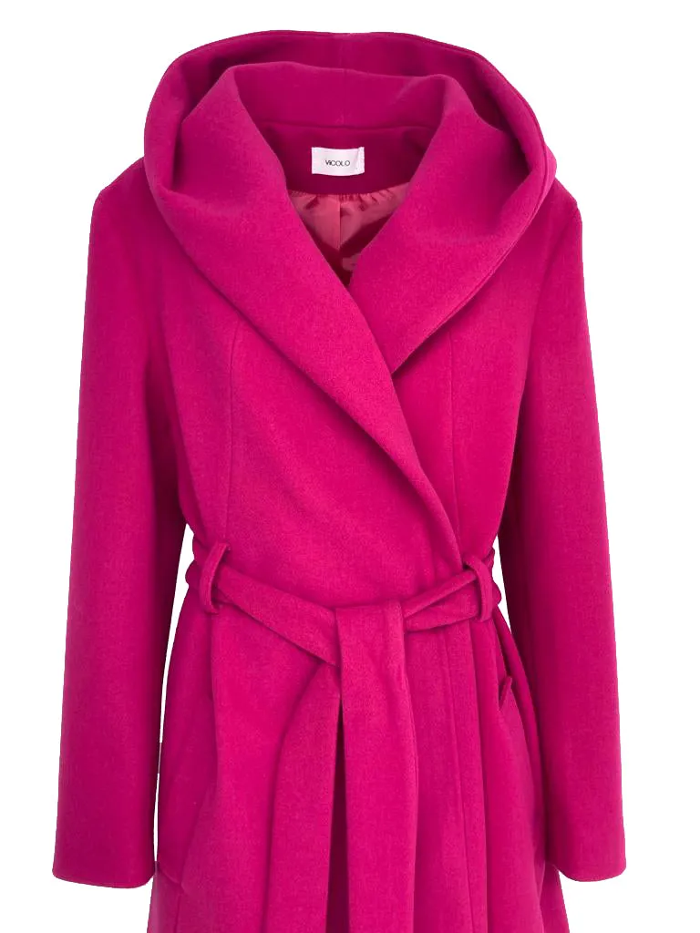 CAPPOTTO DONNA FUCSIA CON CAPPUCCIO E CINTURA