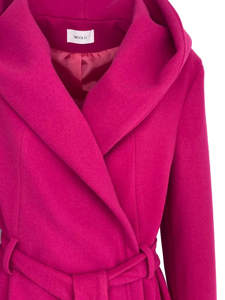 CAPPOTTO DONNA FUCSIA CON CAPPUCCIO E CINTURA