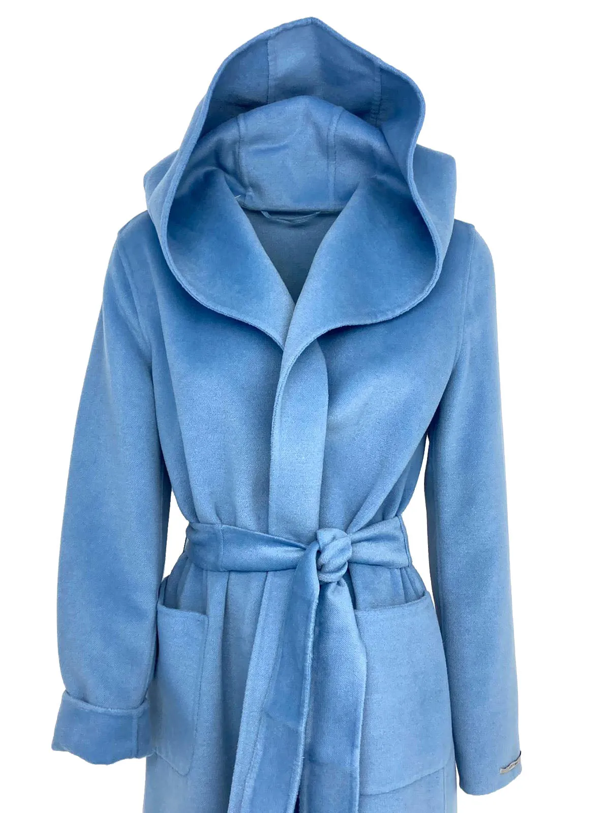 CAPPOTTO LUNGO AZZURRO CON CAPPUCCIO E CINTURA