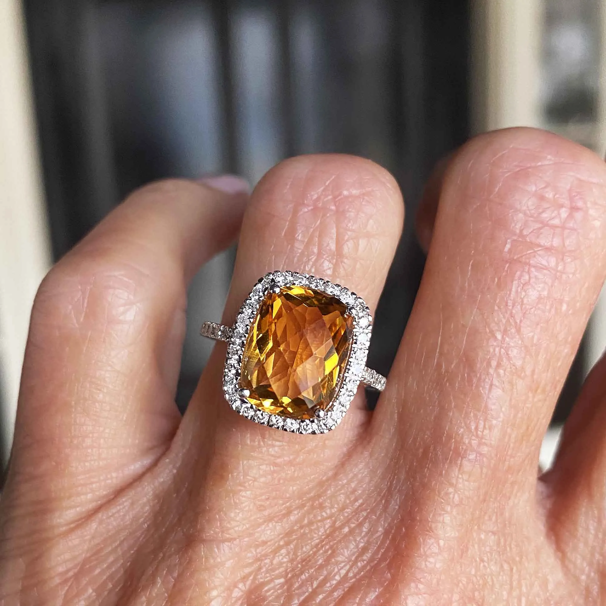 Checkerboard Citrine Diamond Halo Ring in 18K White Gold