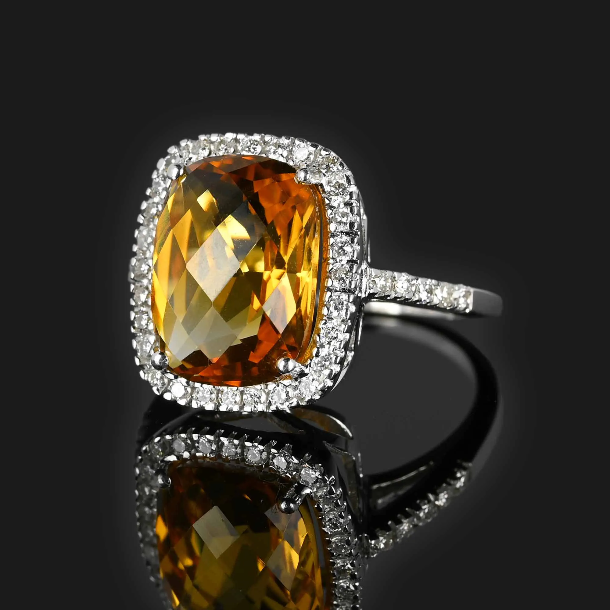 Checkerboard Citrine Diamond Halo Ring in 18K White Gold