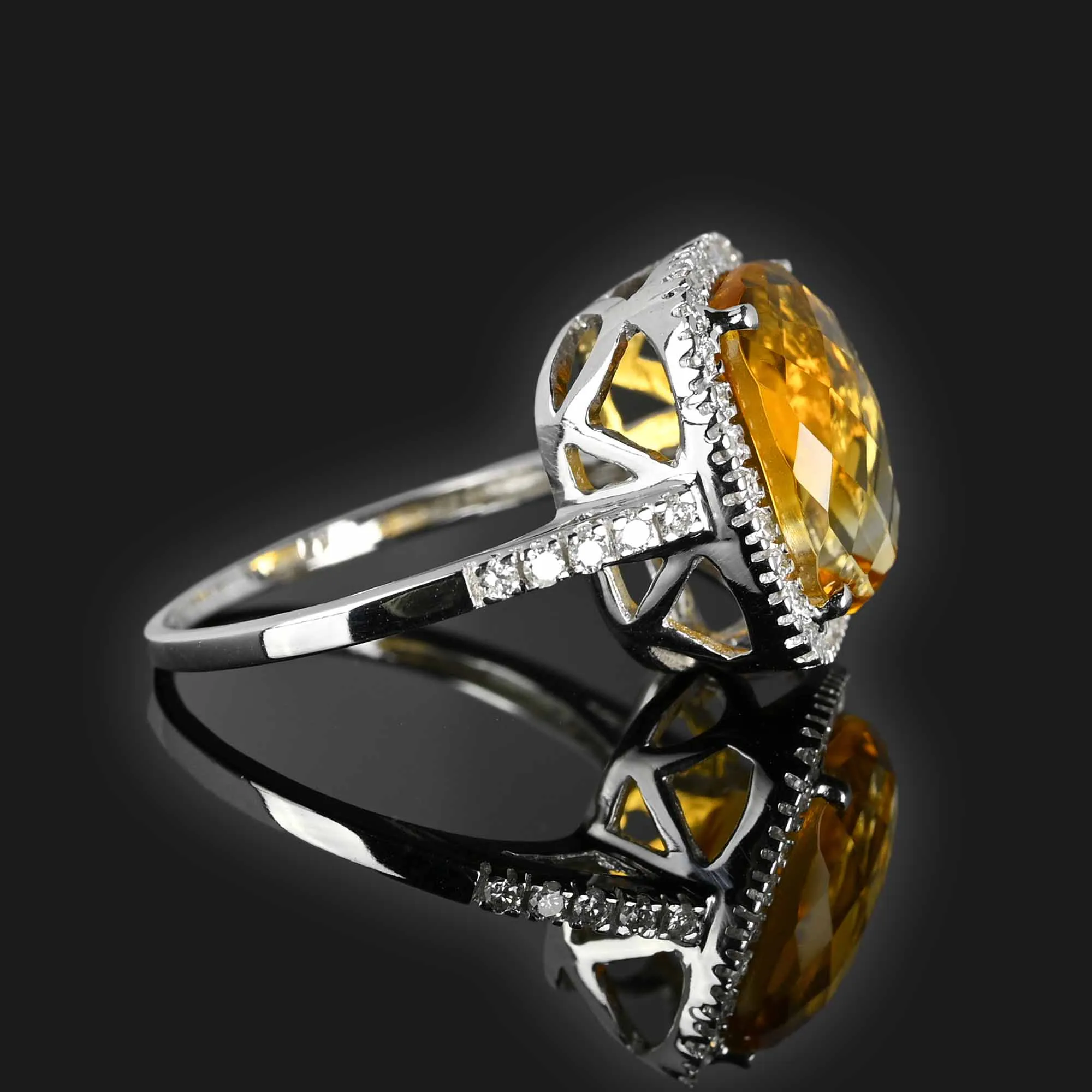 Checkerboard Citrine Diamond Halo Ring in 18K White Gold