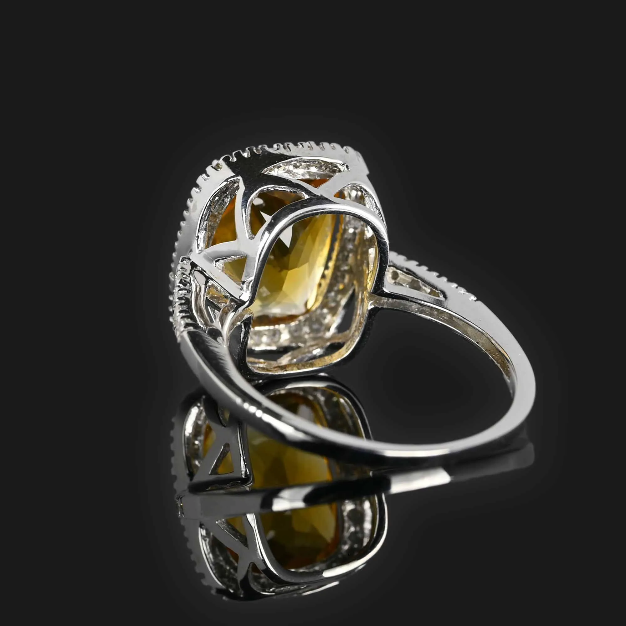 Checkerboard Citrine Diamond Halo Ring in 18K White Gold