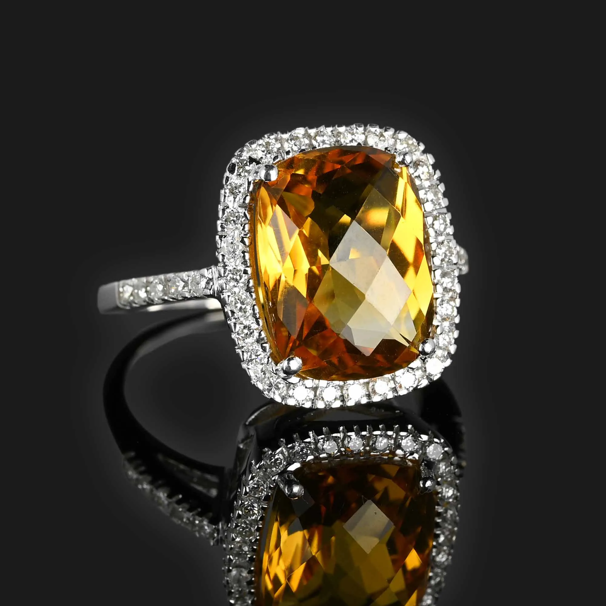 Checkerboard Citrine Diamond Halo Ring in 18K White Gold