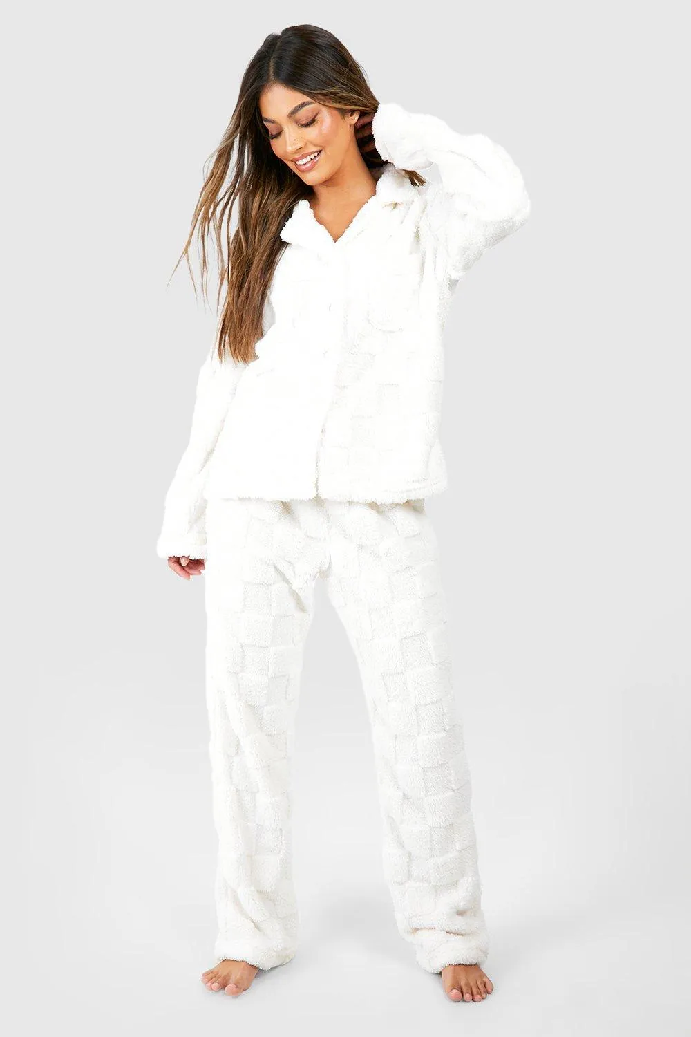 Checkerboard Fleece Button Front Pants Set