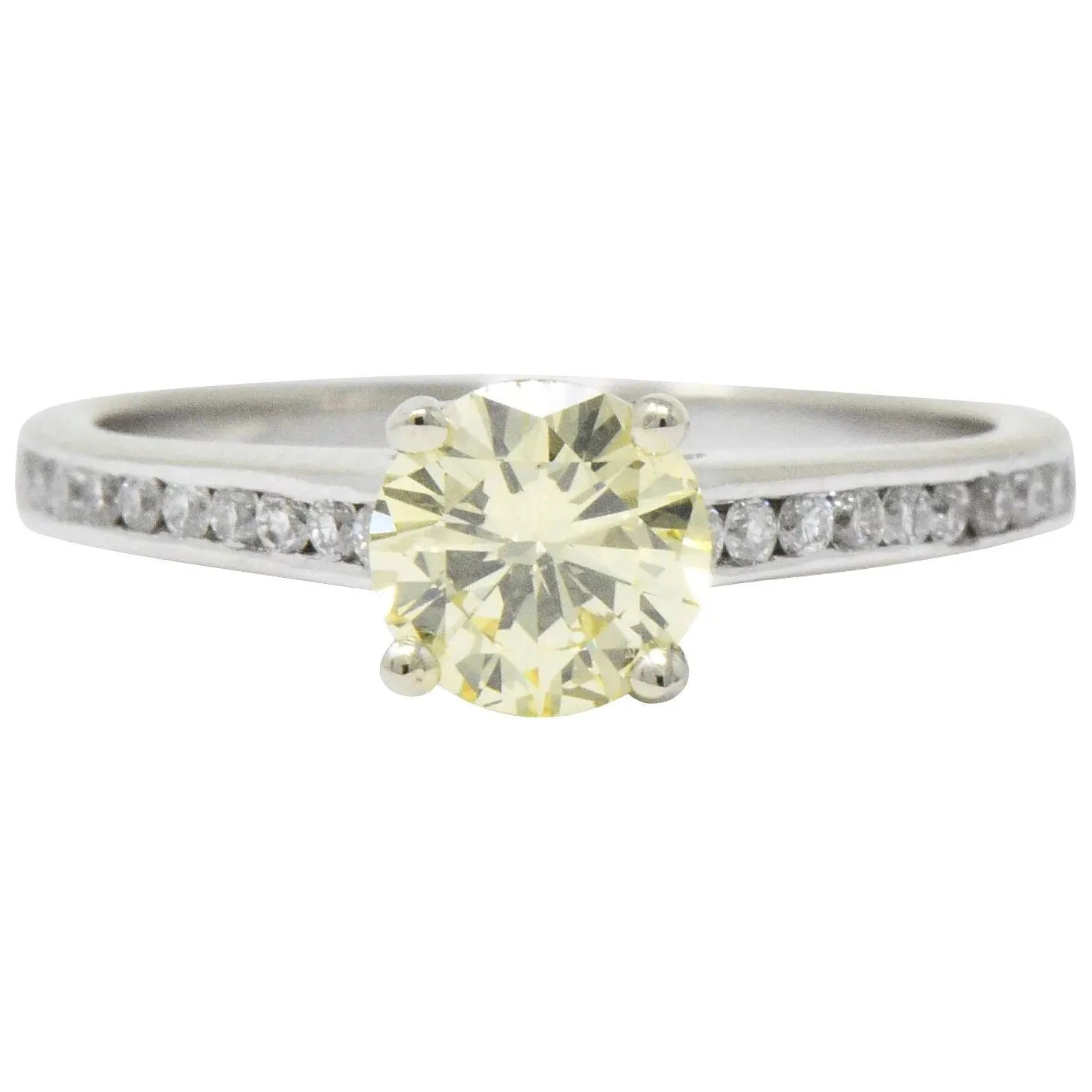 Contemporary 0.79 CTW Fancy Yellow Diamond 14 Karat White Gold Engagement Ring GIA