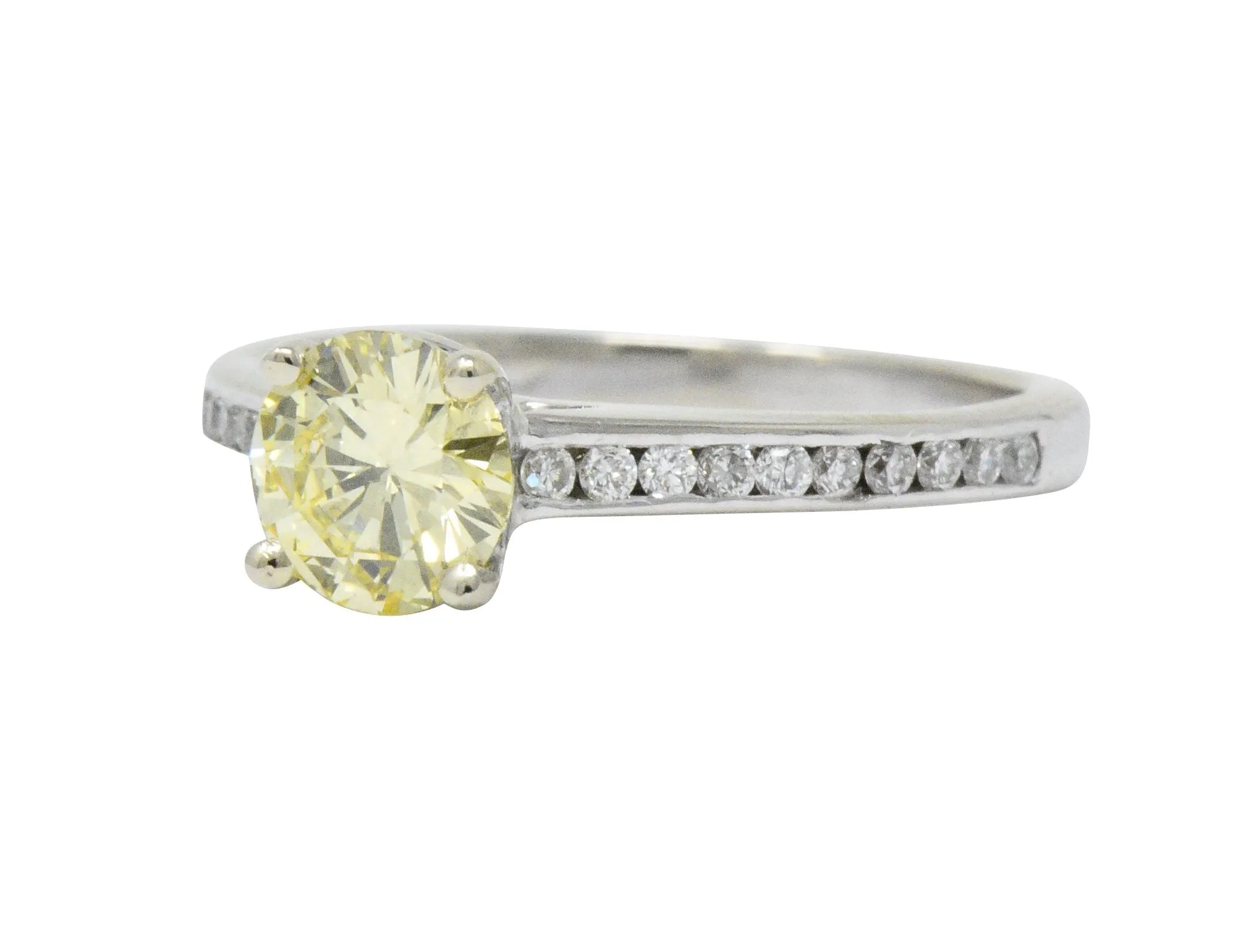 Contemporary 0.79 CTW Fancy Yellow Diamond 14 Karat White Gold Engagement Ring GIA