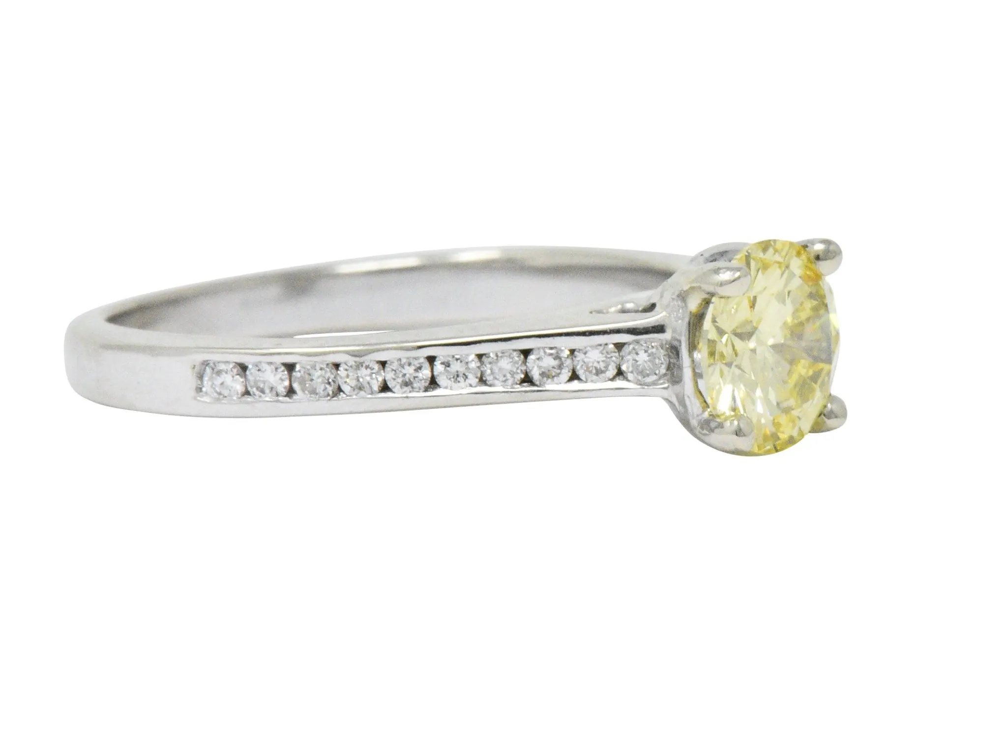 Contemporary 0.79 CTW Fancy Yellow Diamond 14 Karat White Gold Engagement Ring GIA