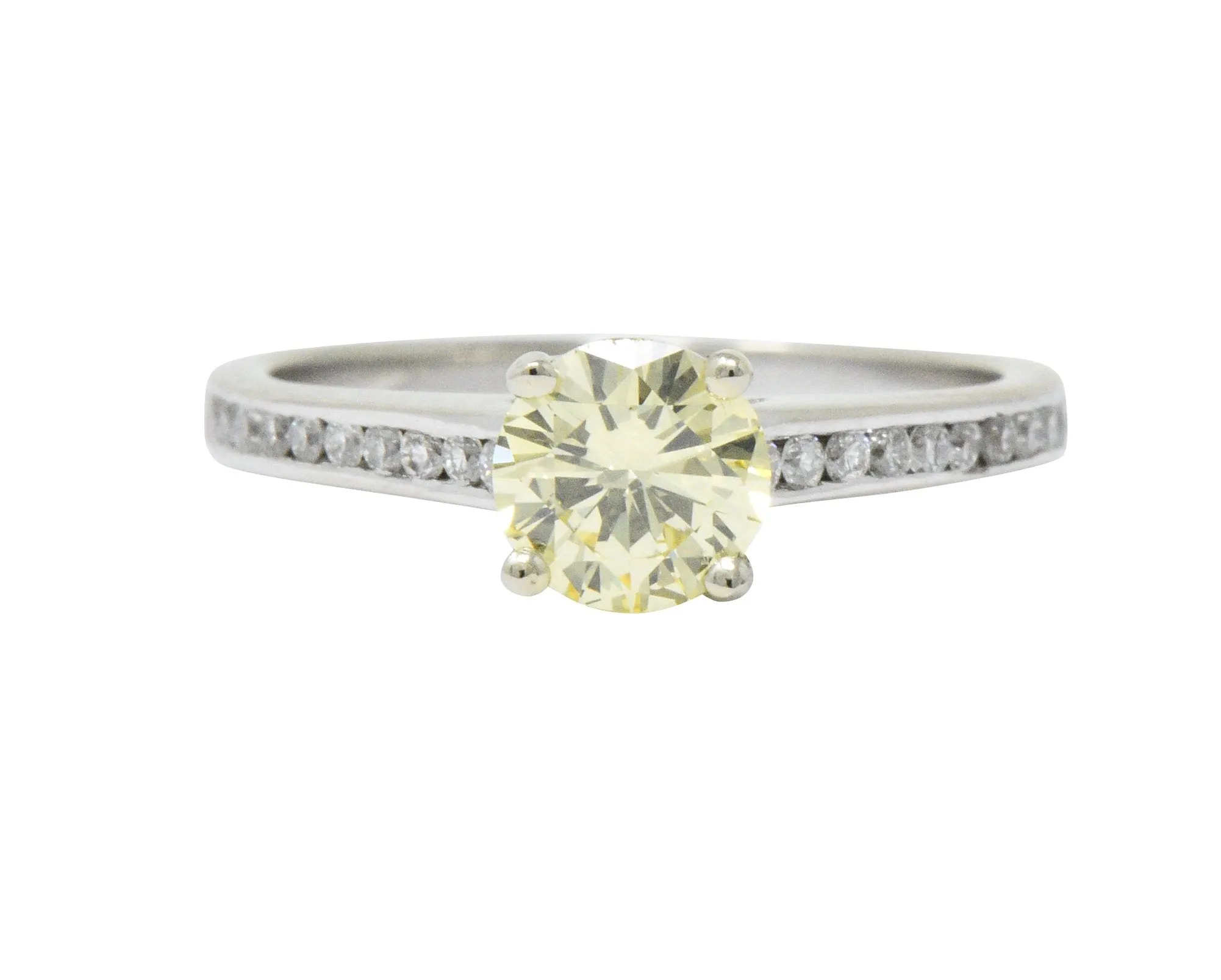 Contemporary 0.79 CTW Fancy Yellow Diamond 14 Karat White Gold Engagement Ring GIA