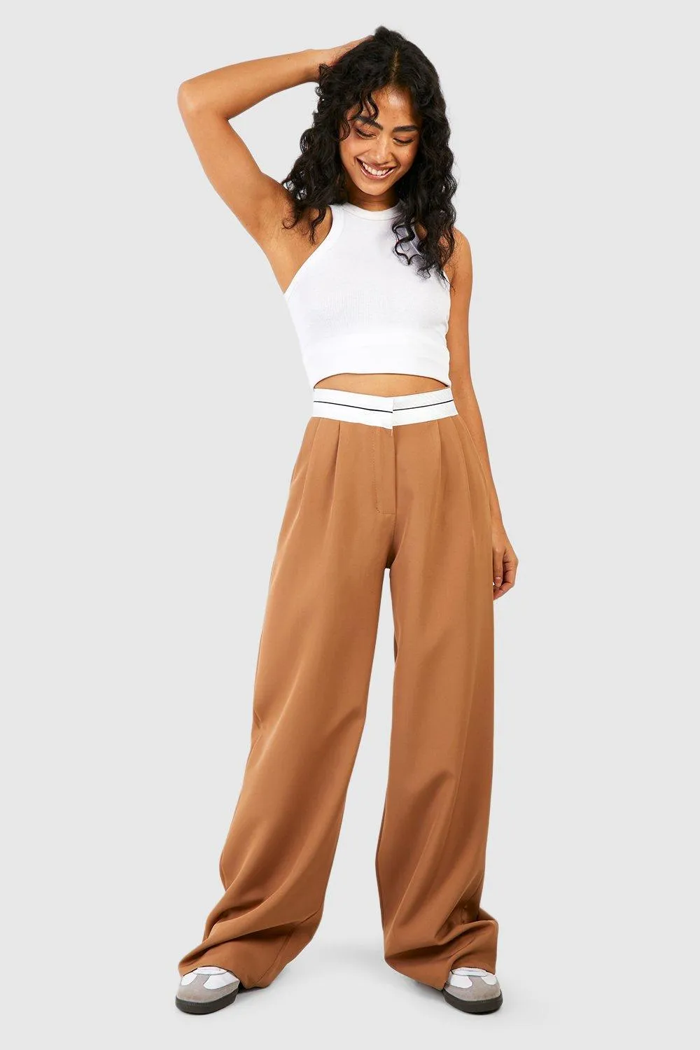 Contrast Waistband Pleat Front Wide Leg Pants