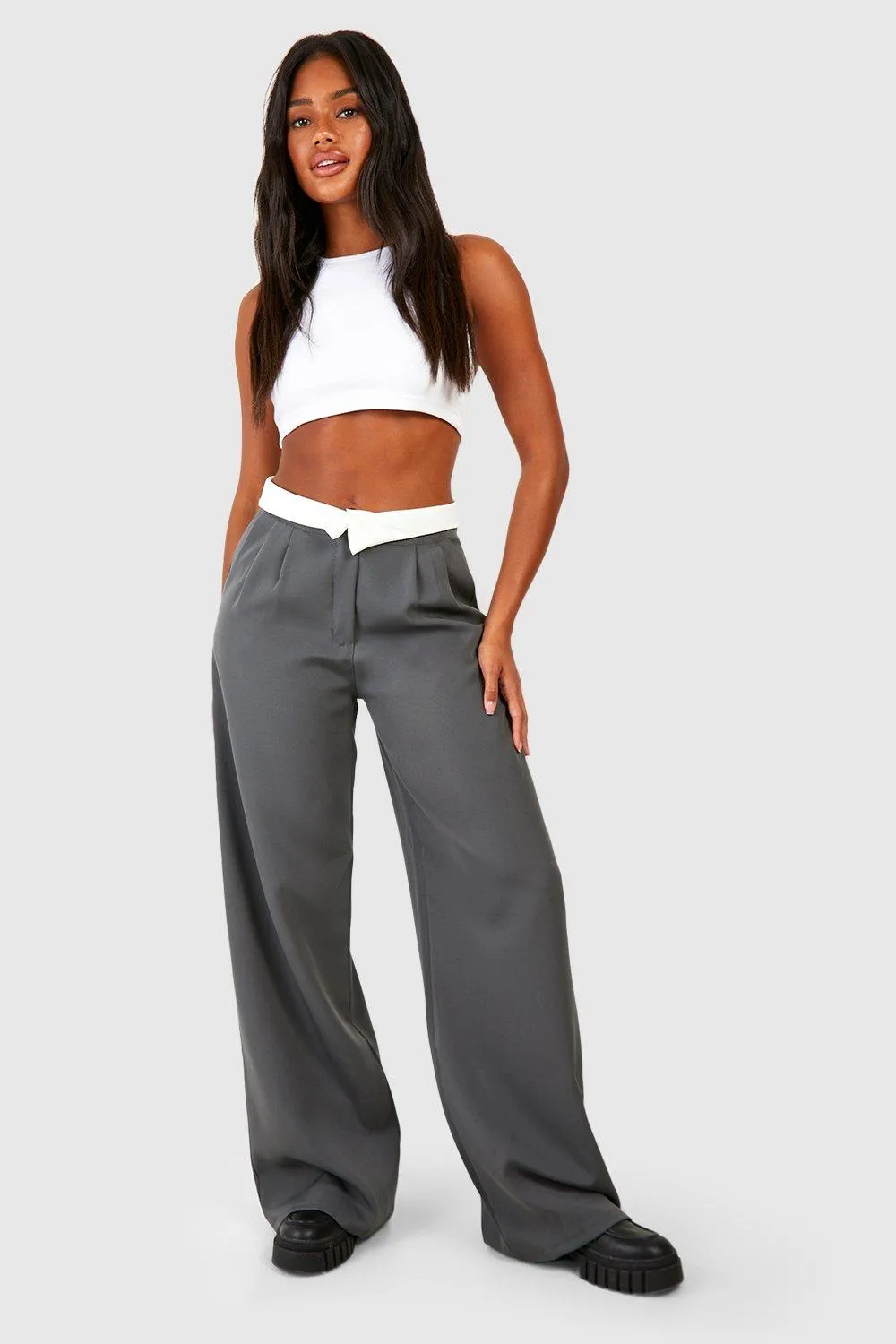 Contrast Waistband Wide Leg Pants