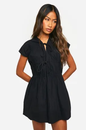 Cotton Blend Ruched Plunge Mini Dress