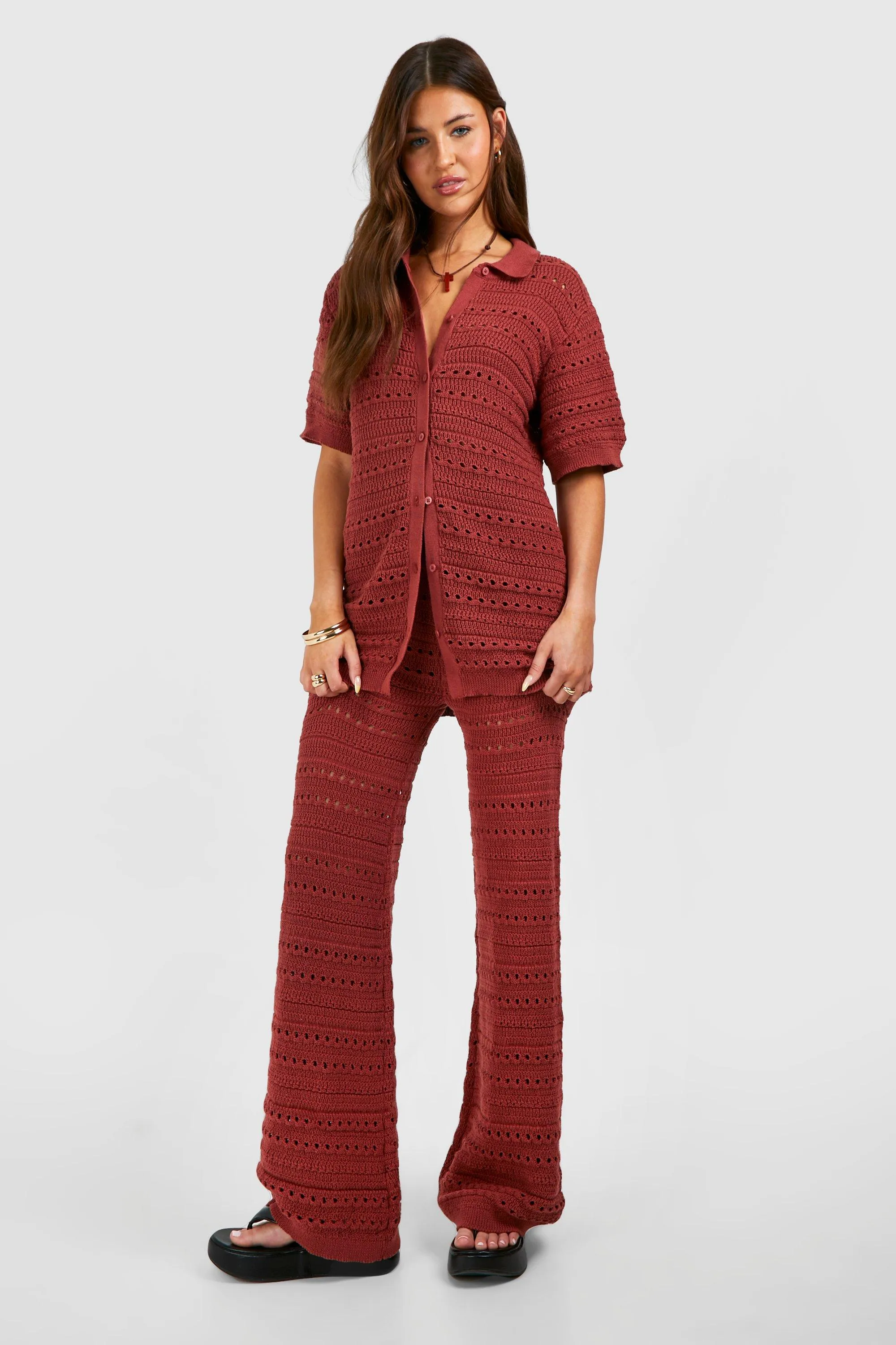 Crochet Knitted Shirt And Wide Leg Pants Two-Piece