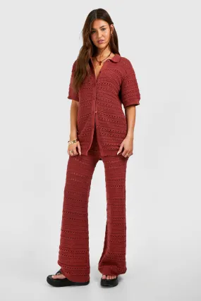 Crochet Knitted Shirt And Wide Leg Pants Two-Piece