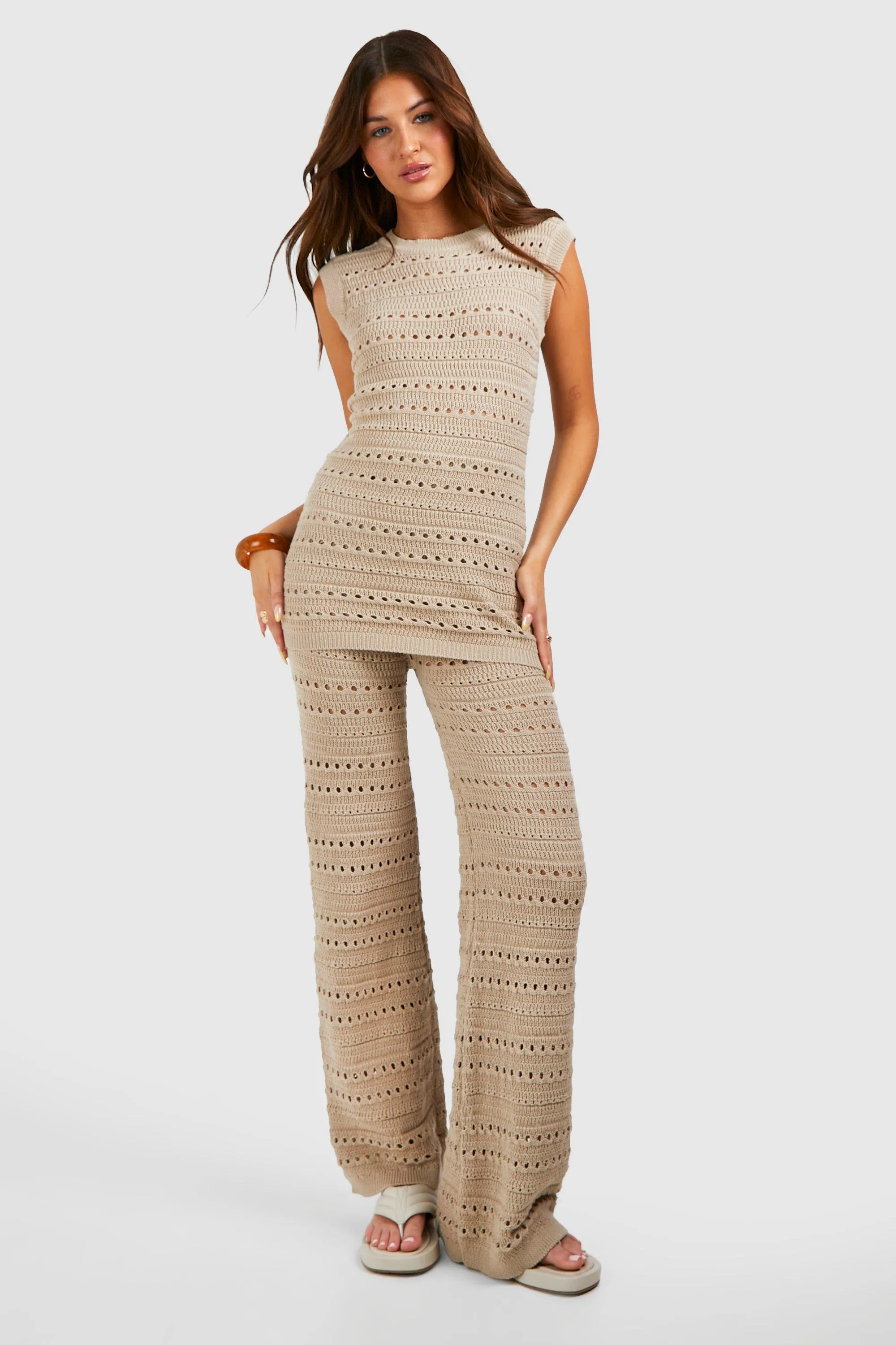 Crochet Tunic And Wide Leg Pants Knitted Set