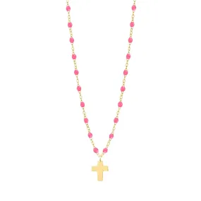 Cross Charm Classic Gigi Pink necklace, Yellow Gold, 16.5