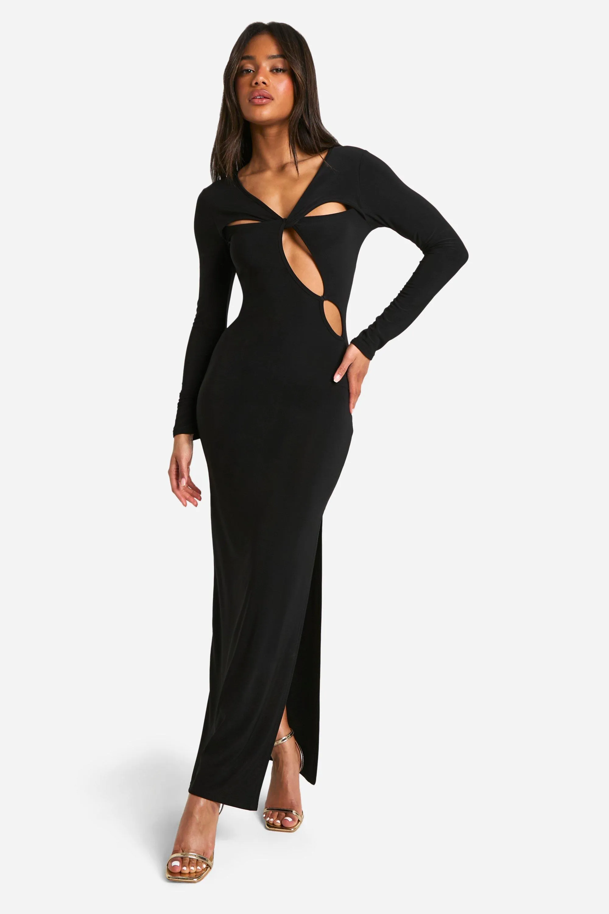 Cut Out Twist Detail Slinky Long Sleeve Maxi Dress