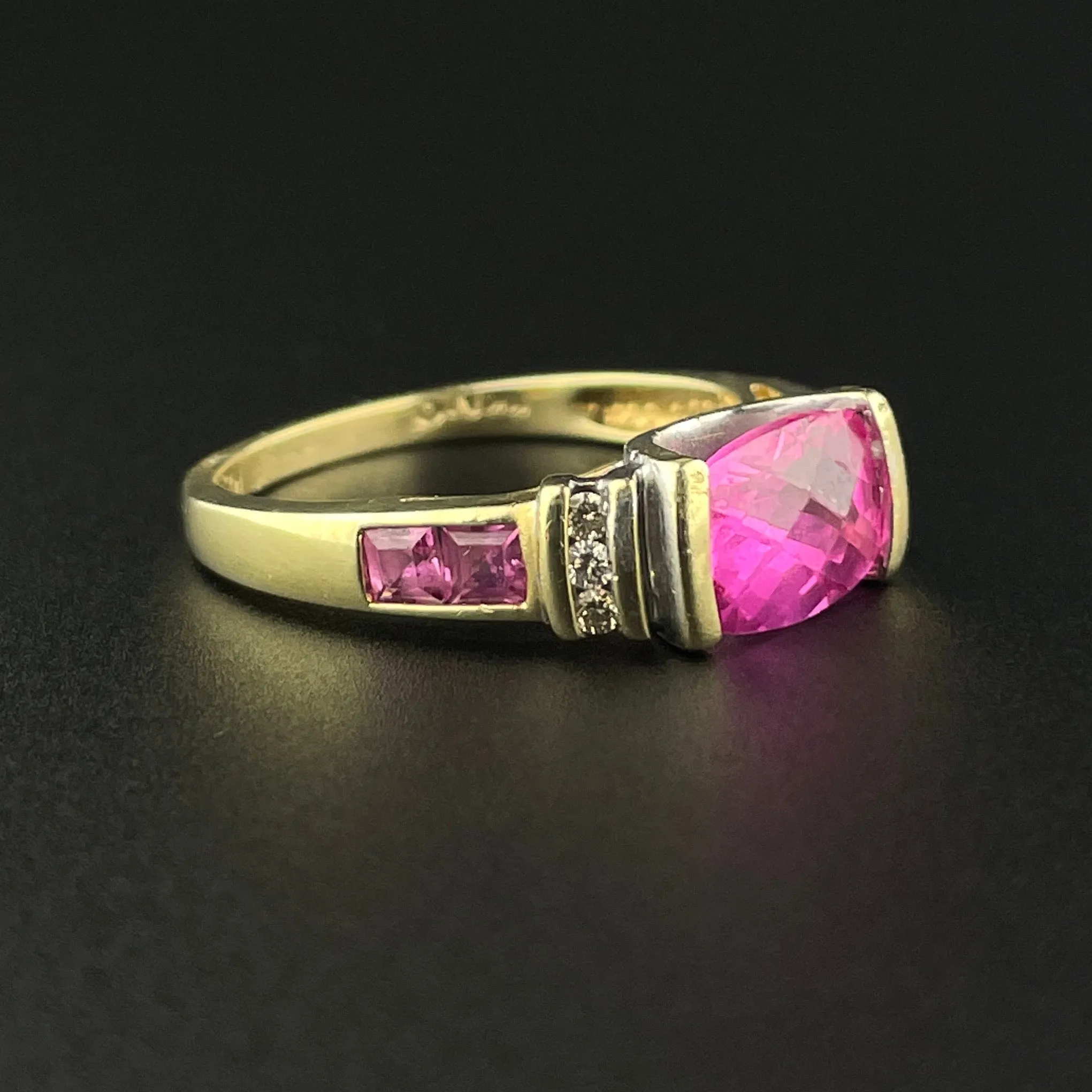 Diamond Checkerboard Cut Pink Sapphire 10K Gold Vintage Ring, Sz 6 3/4