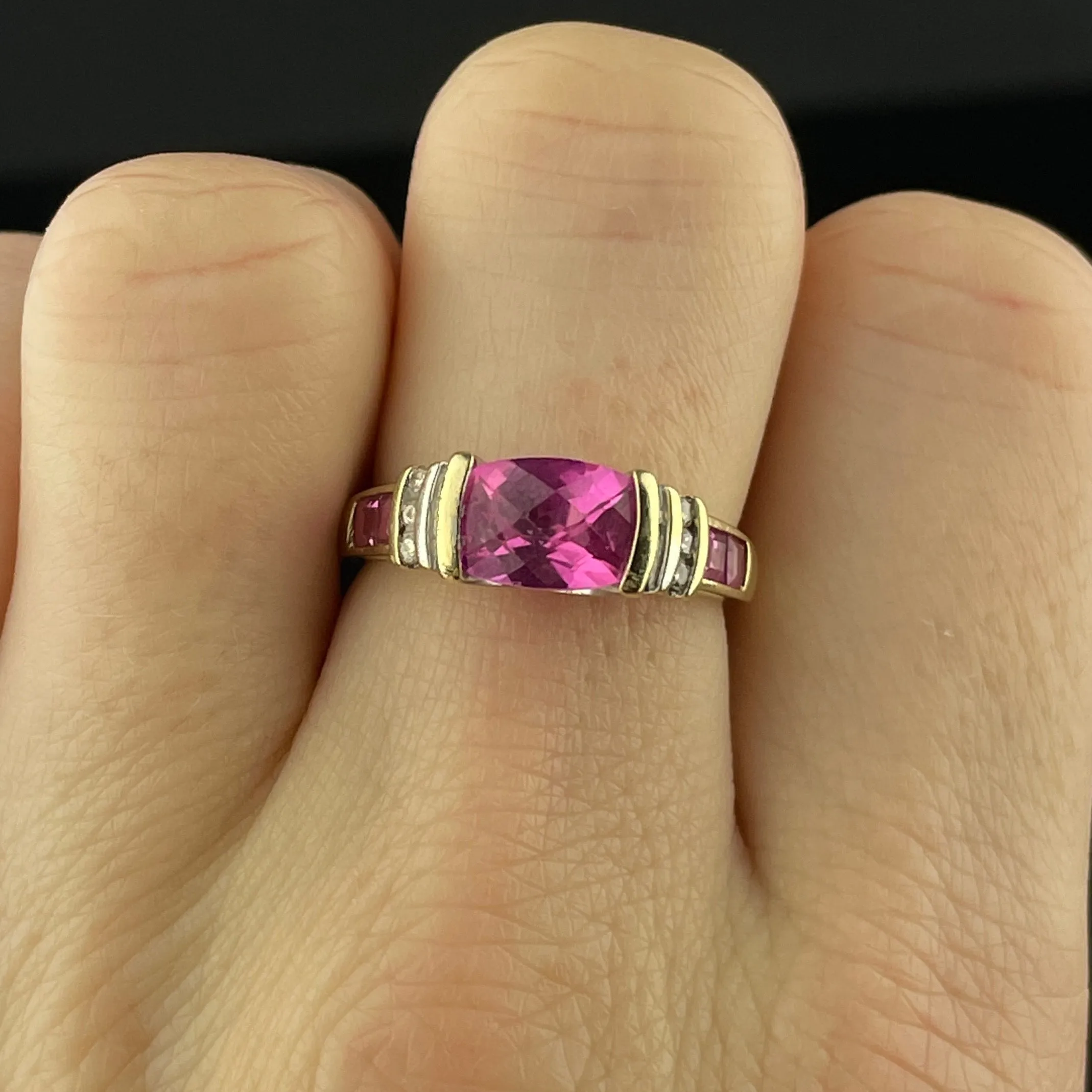 Diamond Checkerboard Cut Pink Sapphire 10K Gold Vintage Ring, Sz 6 3/4