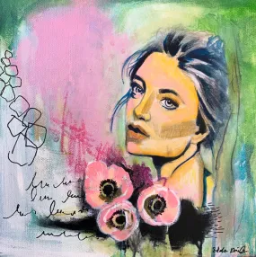 Edda Davila - Captivating Roses- Female yellow green and pink portrait 12x12