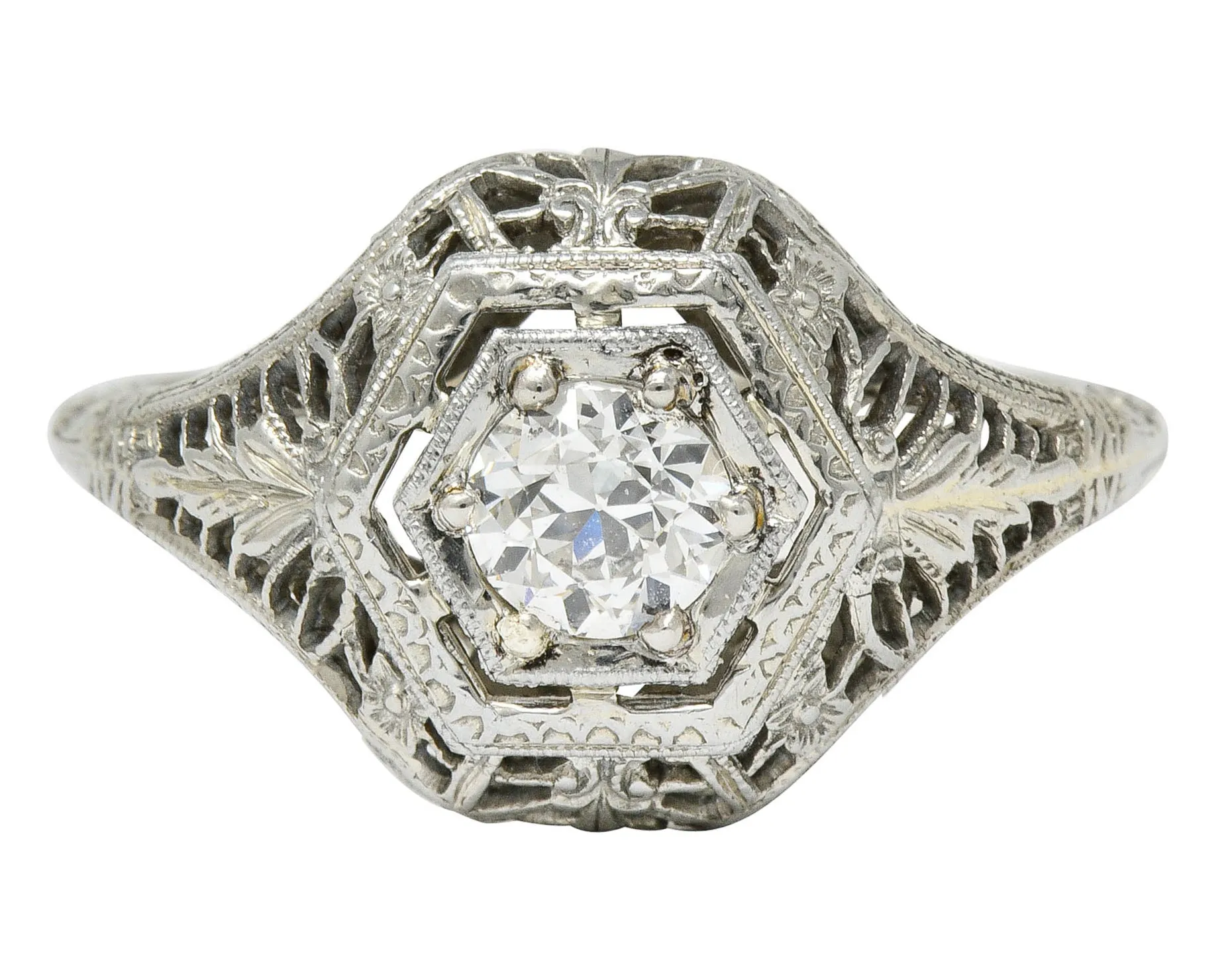 Edwardian 0.32 CTW Diamond 18 Karat White Gold Hexagonal Engagement Ring