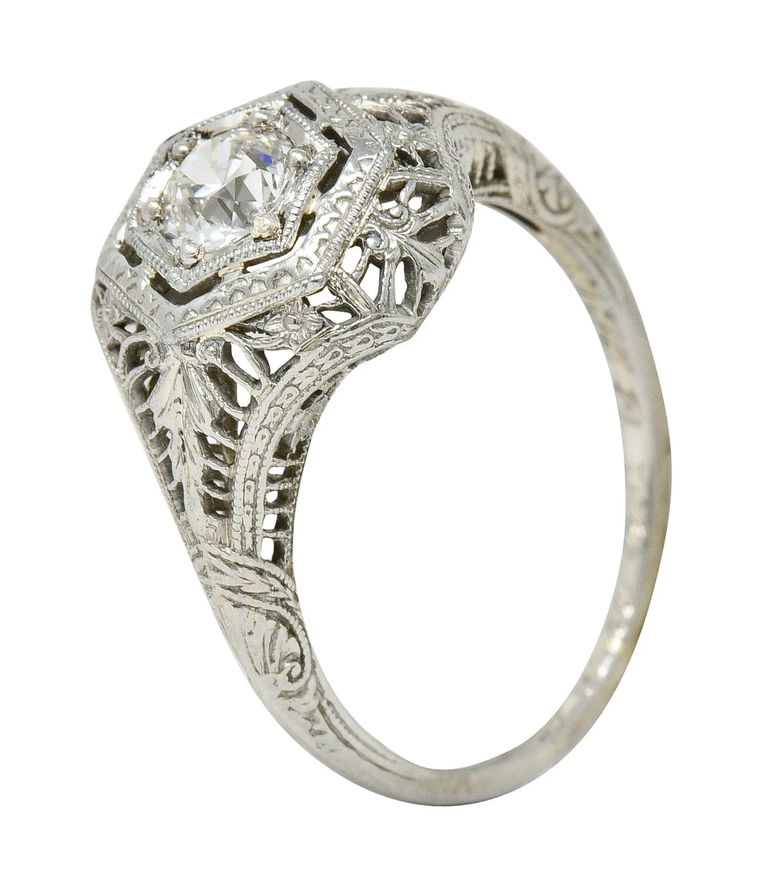 Edwardian 0.32 CTW Diamond 18 Karat White Gold Hexagonal Engagement Ring