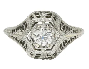 Edwardian 0.32 CTW Diamond 18 Karat White Gold Hexagonal Engagement Ring