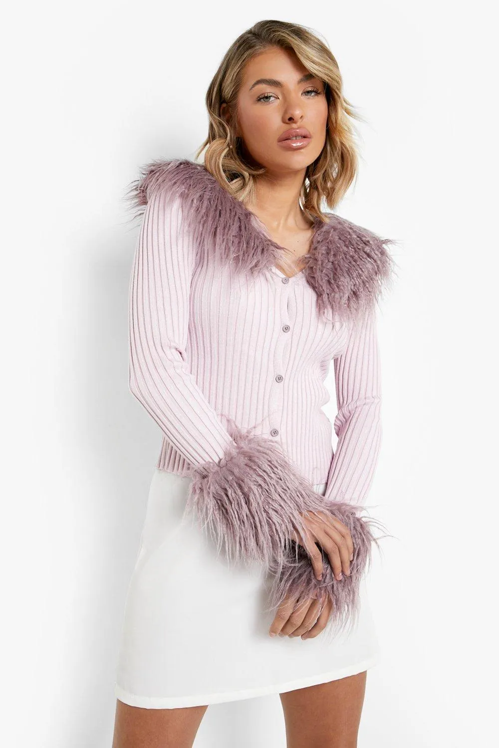 Faux Feather Trim Rib Knit Cardigan