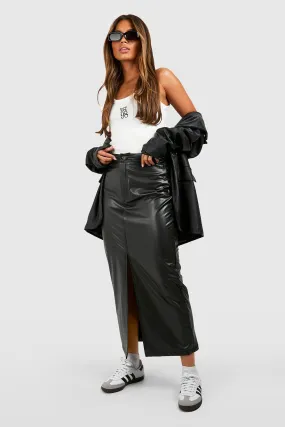 Faux Leather Super Stretch Split Midi Skirt