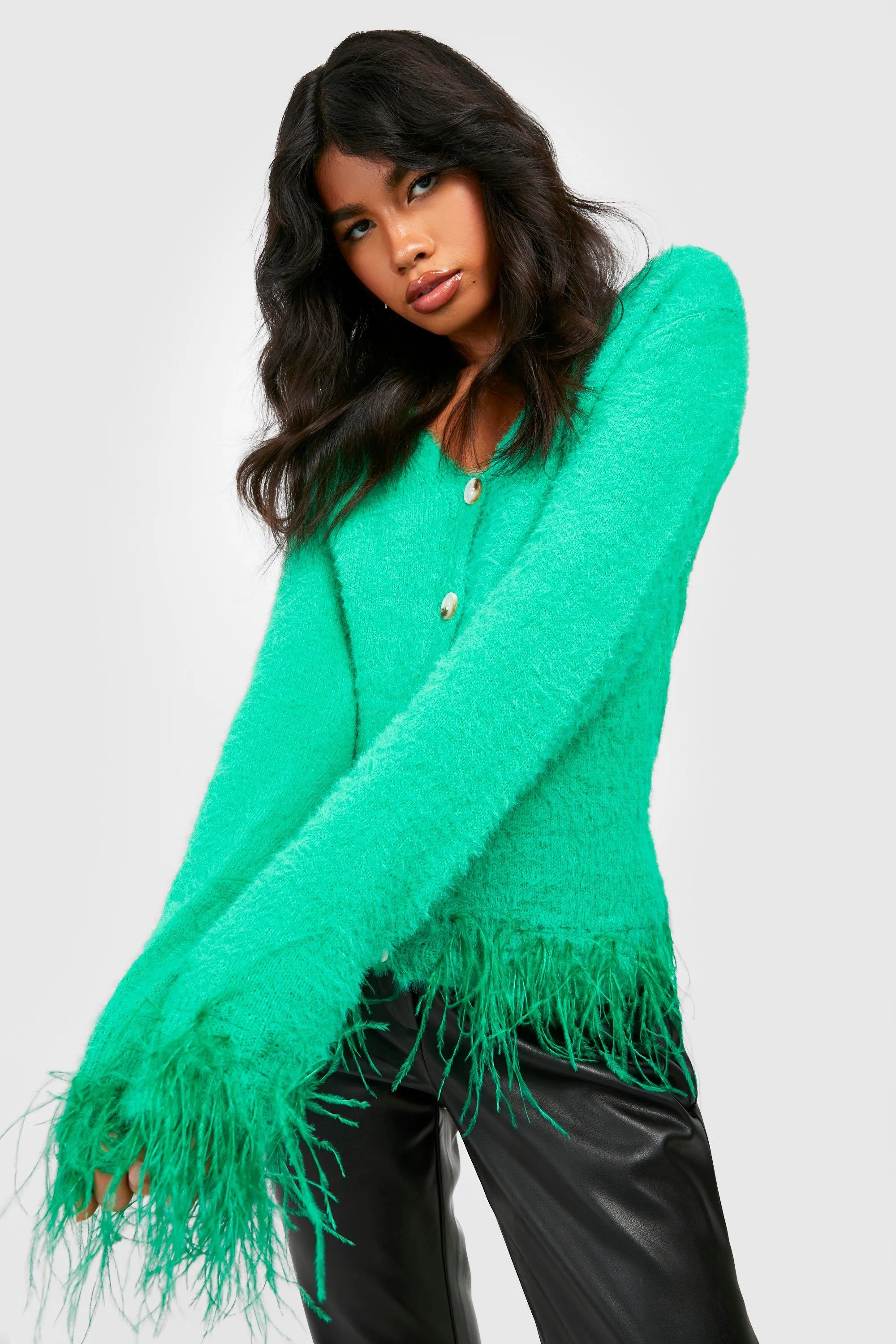 Feather Trim Fluffy Cardigan