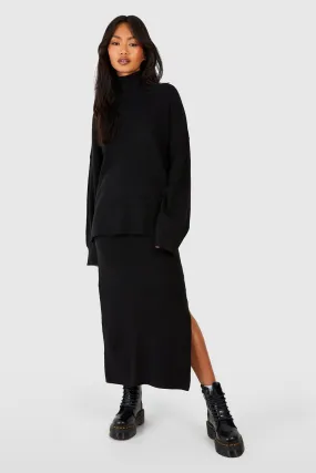 Fine Gauge Turtleneck Sweater And Skirt Knitted Set