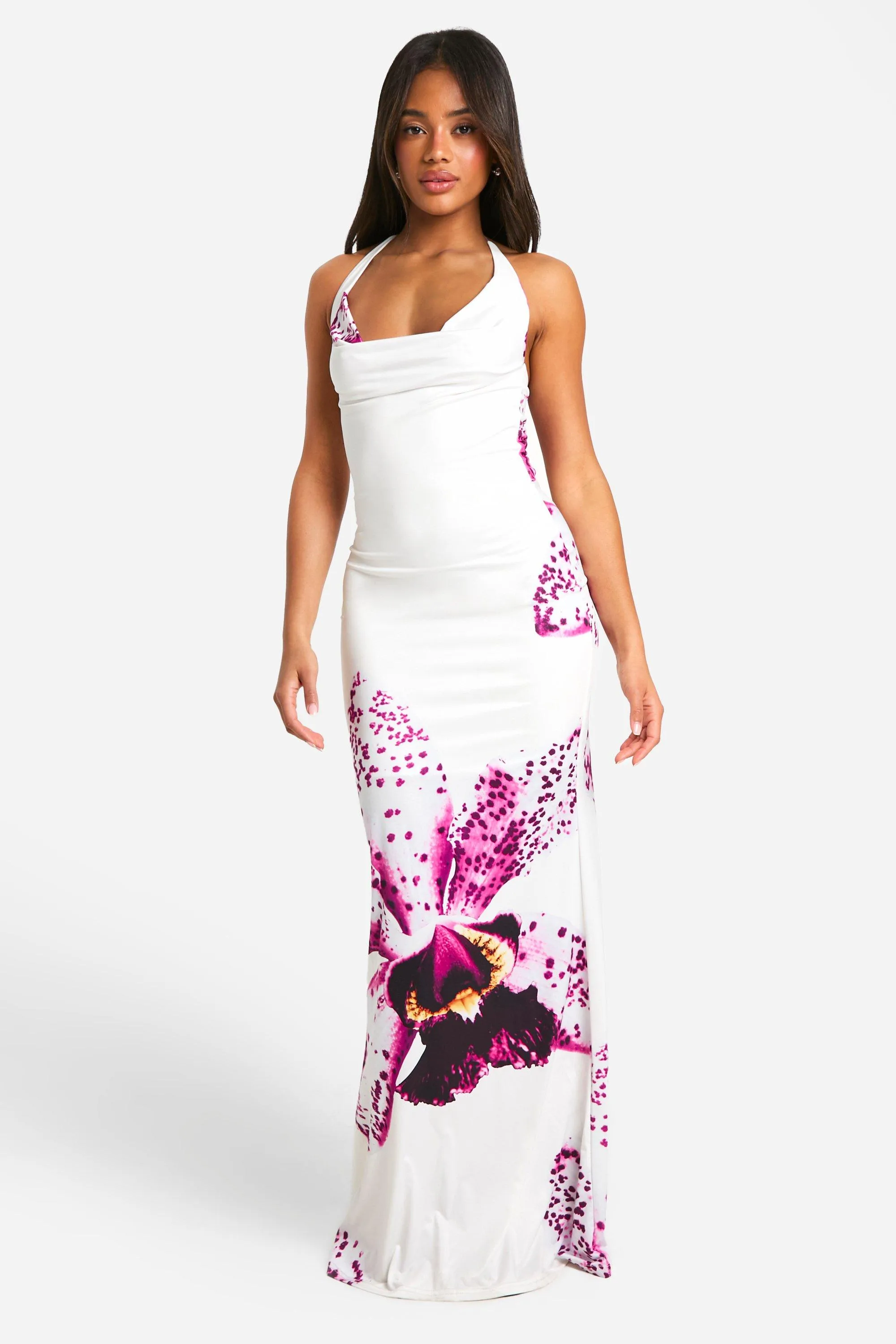 Floral Cowl Neck Slinky Maxi Dress