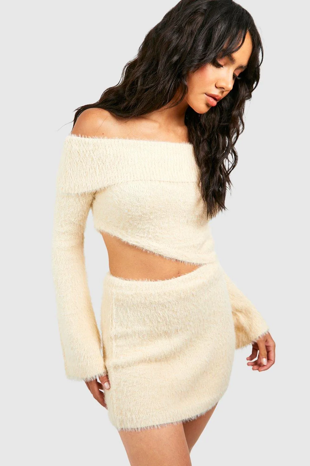 Fluffy Off The Shoulder Crop Top & Mini Skirt