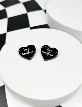 FUCK THE PATRIARCHY HEART STUDS - BLACK GLITTER