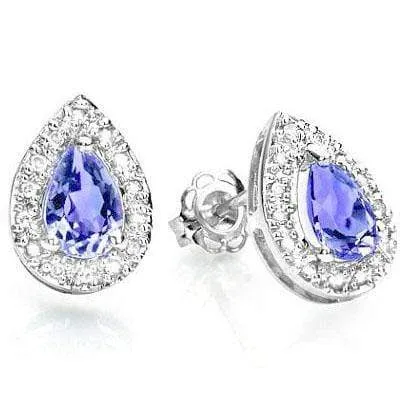 GORGEOUS 0.65 CT GENUINE TANZANITE & 28 PCS WHITE DIAMOND 9K SOLID WHITE GOLD EA