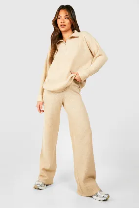 Half Zip Funnel Neck And Wide Leg Pants Knitted Set