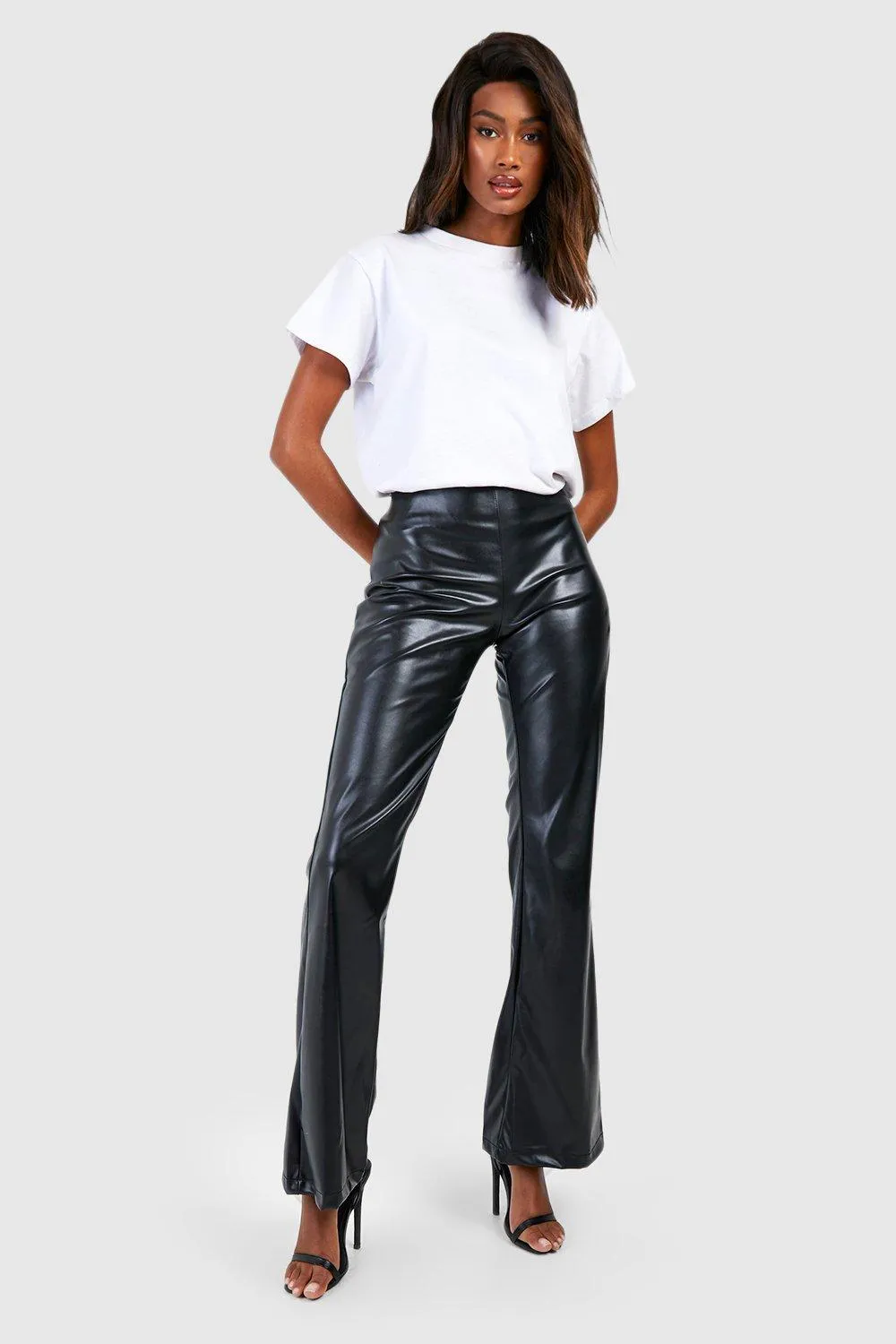 High Waisted Matte Faux Leather Flared Pants